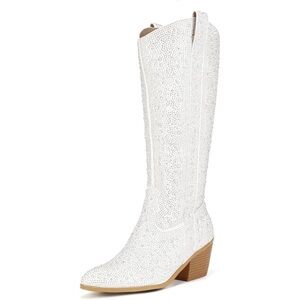 Women's White Rhinestone Cowboy Boot Knee High Western Cowgirl Boots Pointed Toe